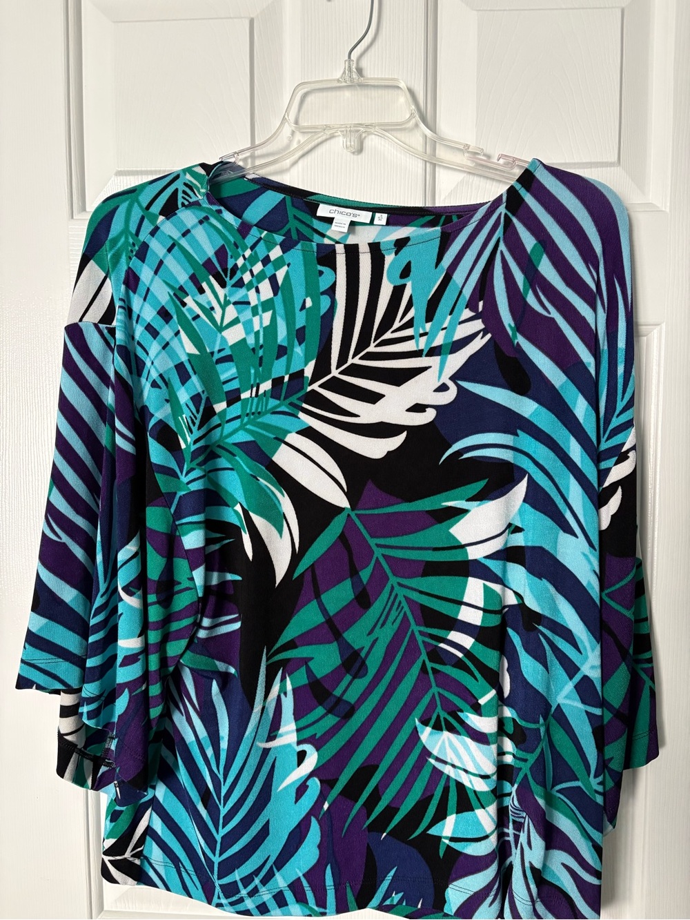 Chico's Teal Blue Purple Palm-Print Boatneck Tunic